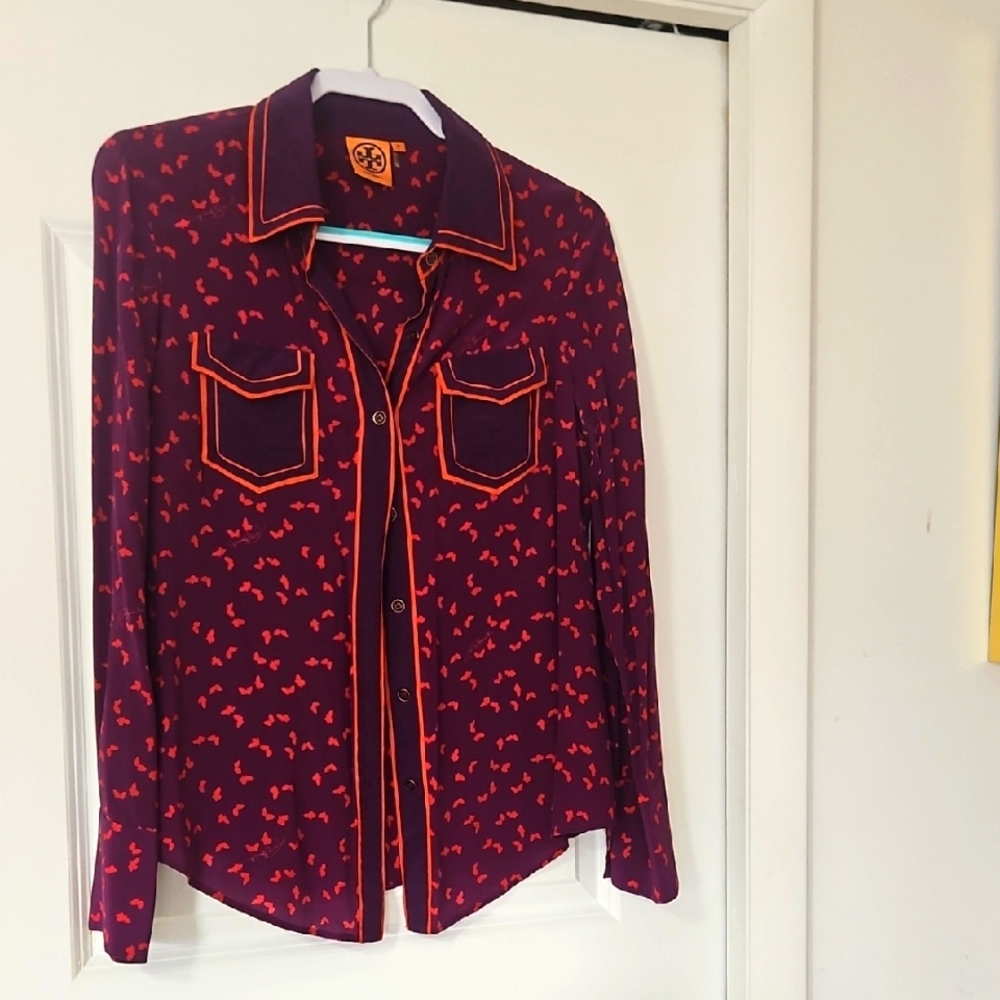 Tory Burch Purple Shirt with Red Butterfly Pattern